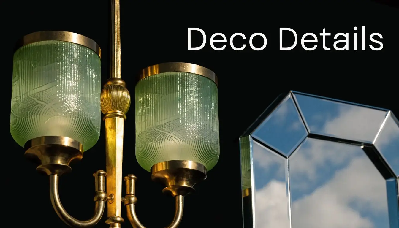A close-up view of an elegant Art Deco style light fixture with green etched glass shades beside a mirror.