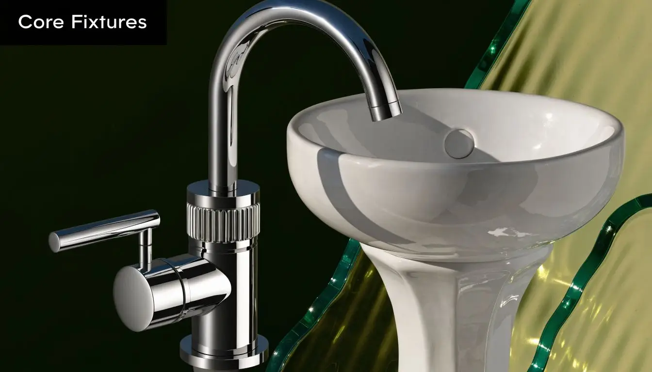 A sleek, chrome bathroom faucet set against a contemporary sink and decorative green textured glass element.