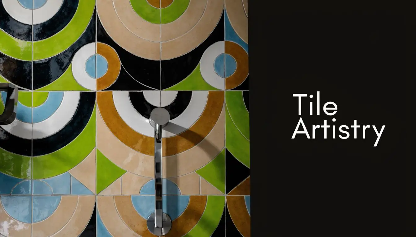 A close-up of decorative, geometric, multi-colored tiles featuring circular and triangular patterns in an Art Deco style.