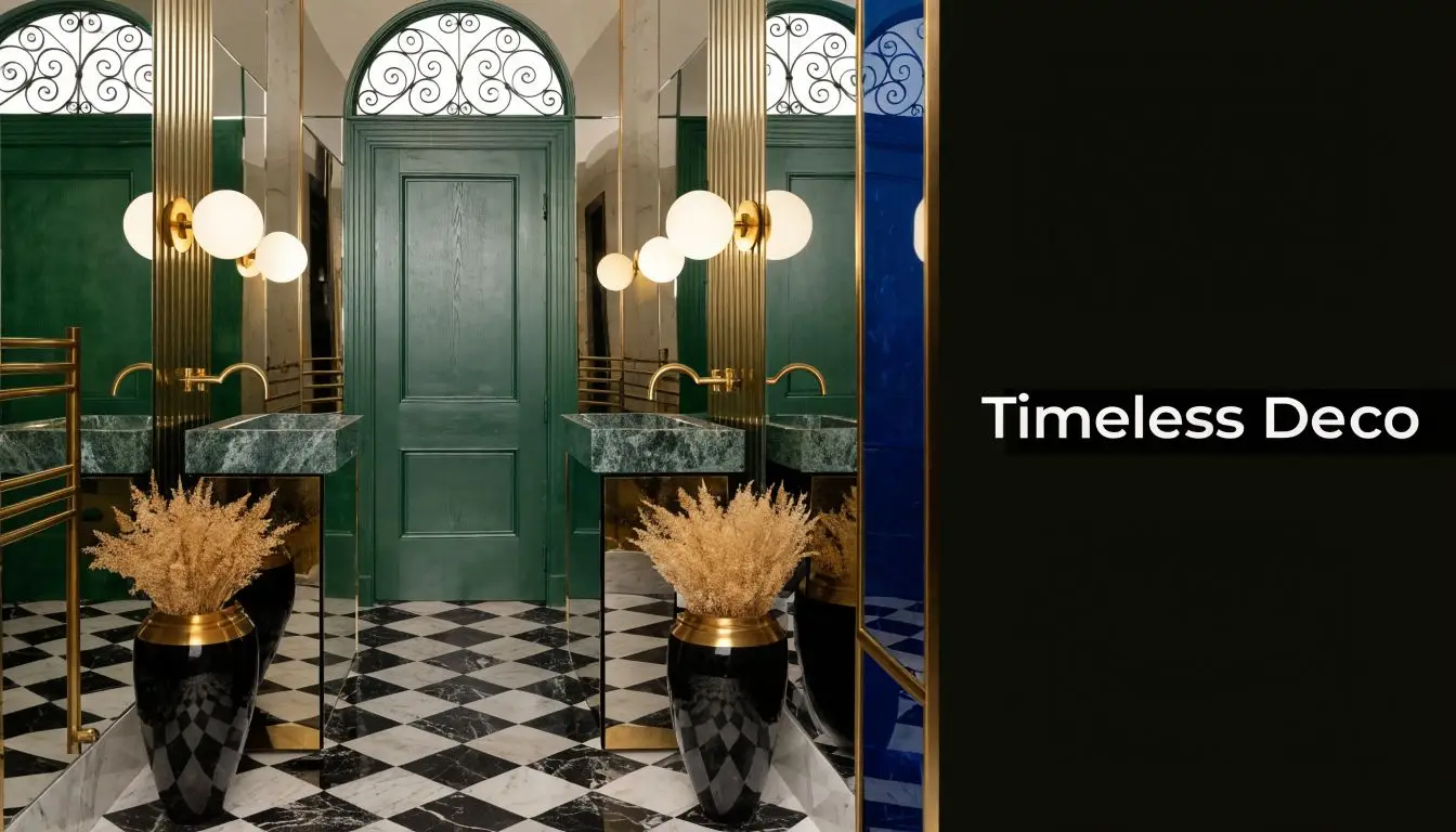 A luxurious Art Deco style bathroom featuring green doors, marble sinks, and a black and white tiled floor.