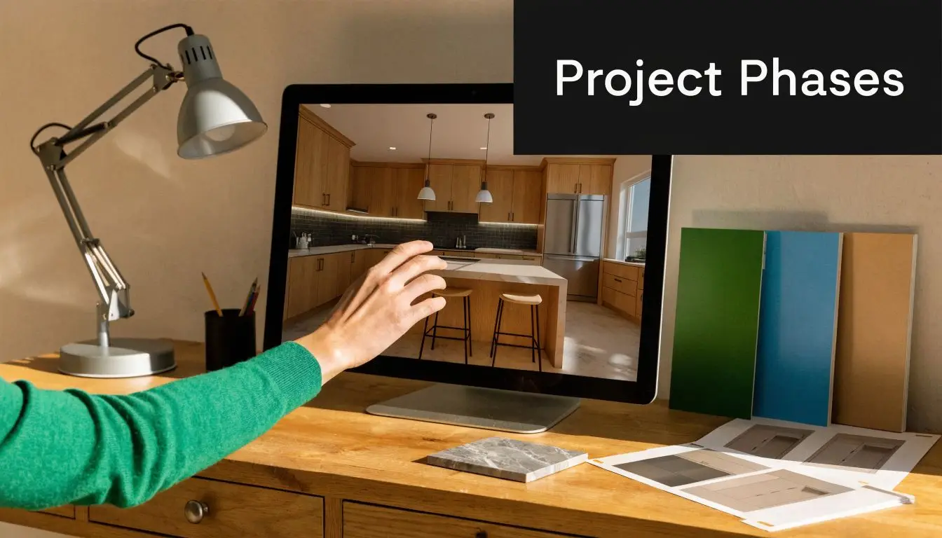 A person interacting with a kitchen renovation design project on a computer monitor in an office.