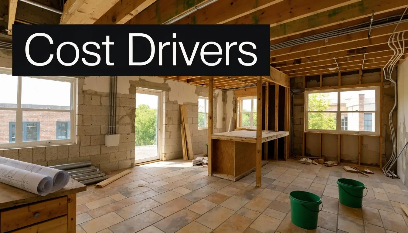 An unfinished kitchen construction site with exposed framing, concrete block walls, and tiled flooring in progress.