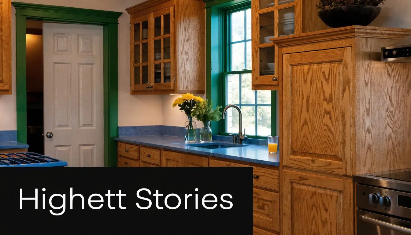 A warm, traditional kitchen interior featuring oak wood cabinetry, blue countertops, and bright green window trim.