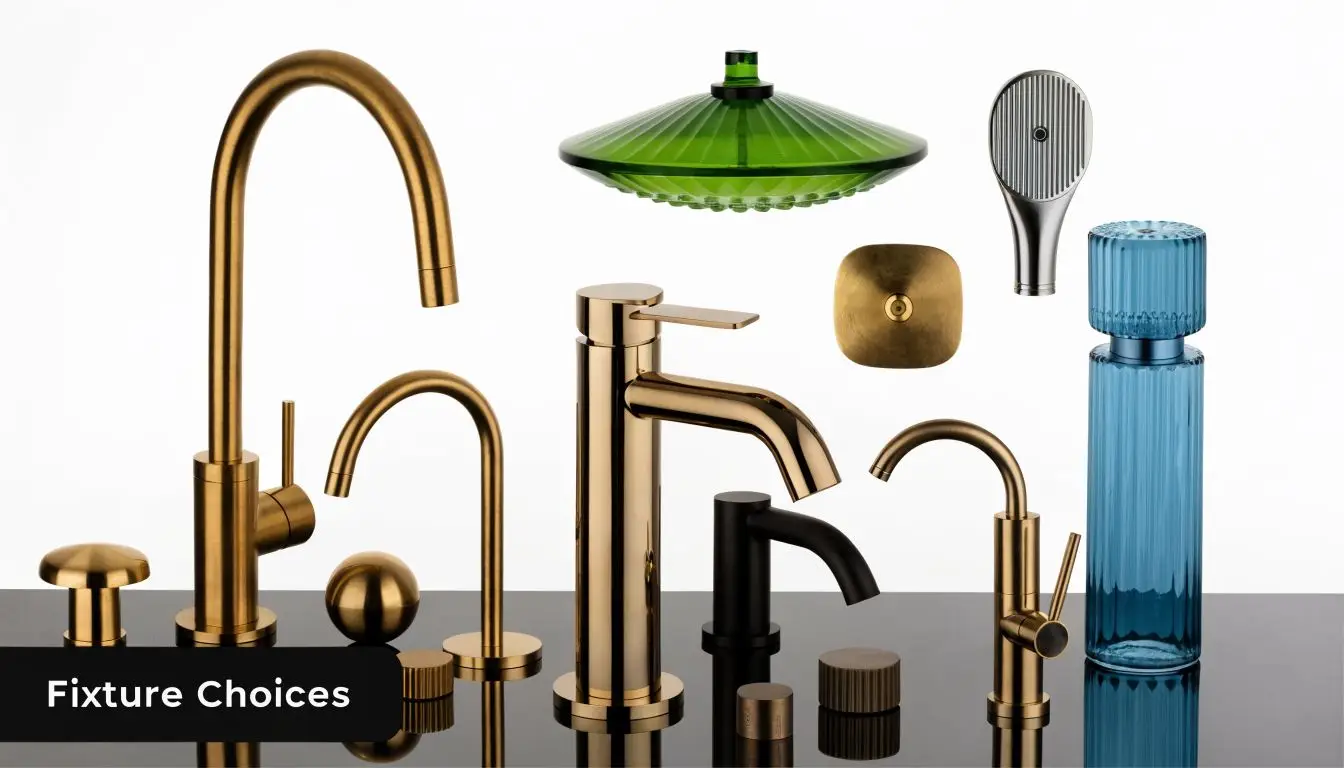 A curated collection of modern bathroom fixtures including gold faucets, knobs, and decorative glass elements.