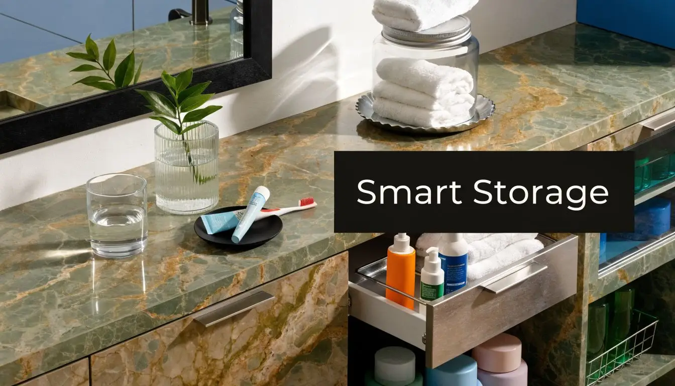 An elegant bathroom vanity with marble countertop, featuring organized toiletries, a plant, and an open storage drawer.