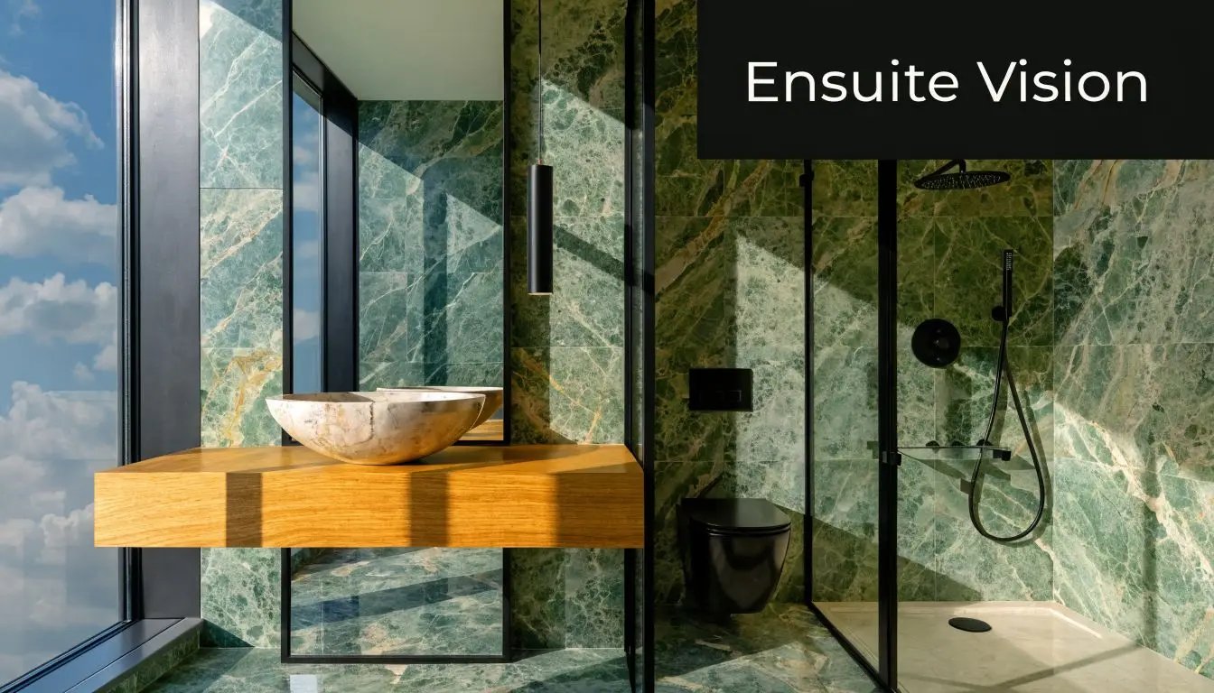 A modern luxury ensuite bathroom featuring green marble walls, a wooden vanity, and a glass shower enclosure.