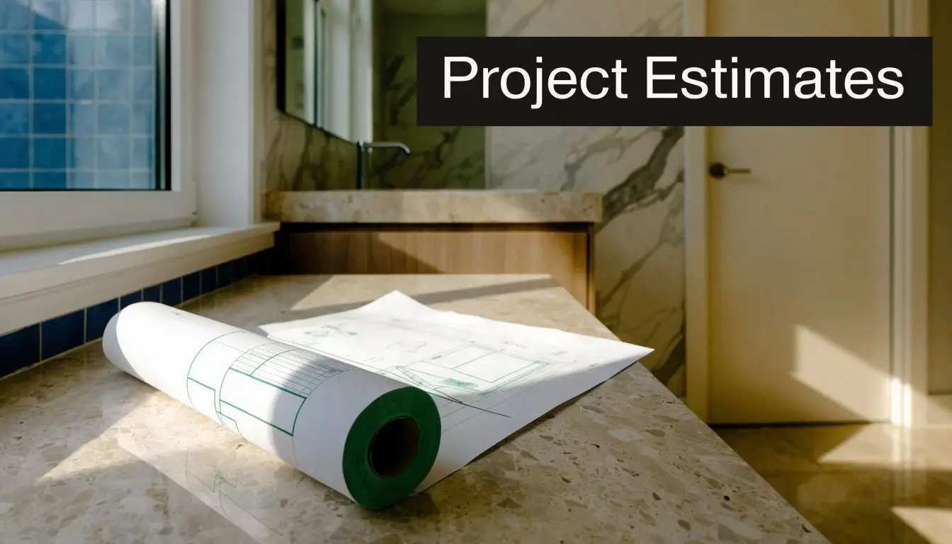 A blueprint roll lies on a marble countertop in a modern renovated bathroom during construction.