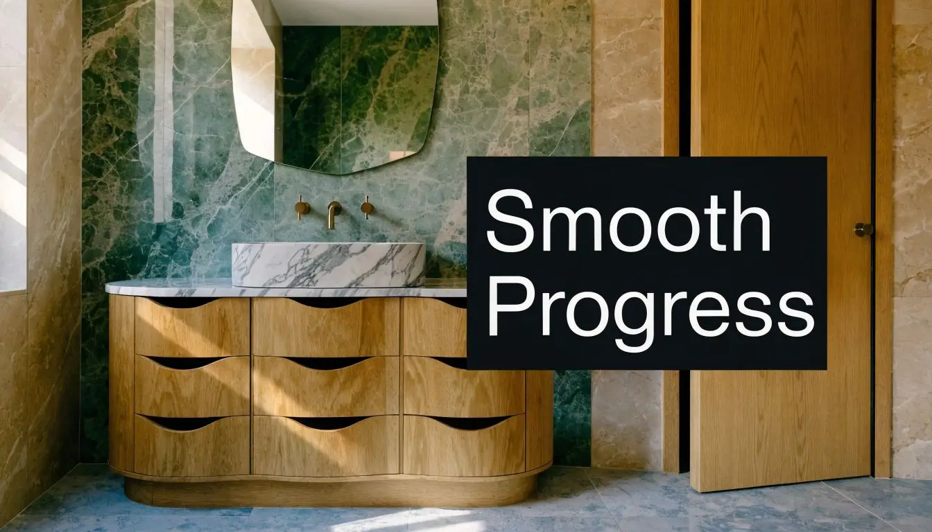 A modern bathroom vanity featuring wooden cabinets, a marble sink, and green marble wall tiles.
