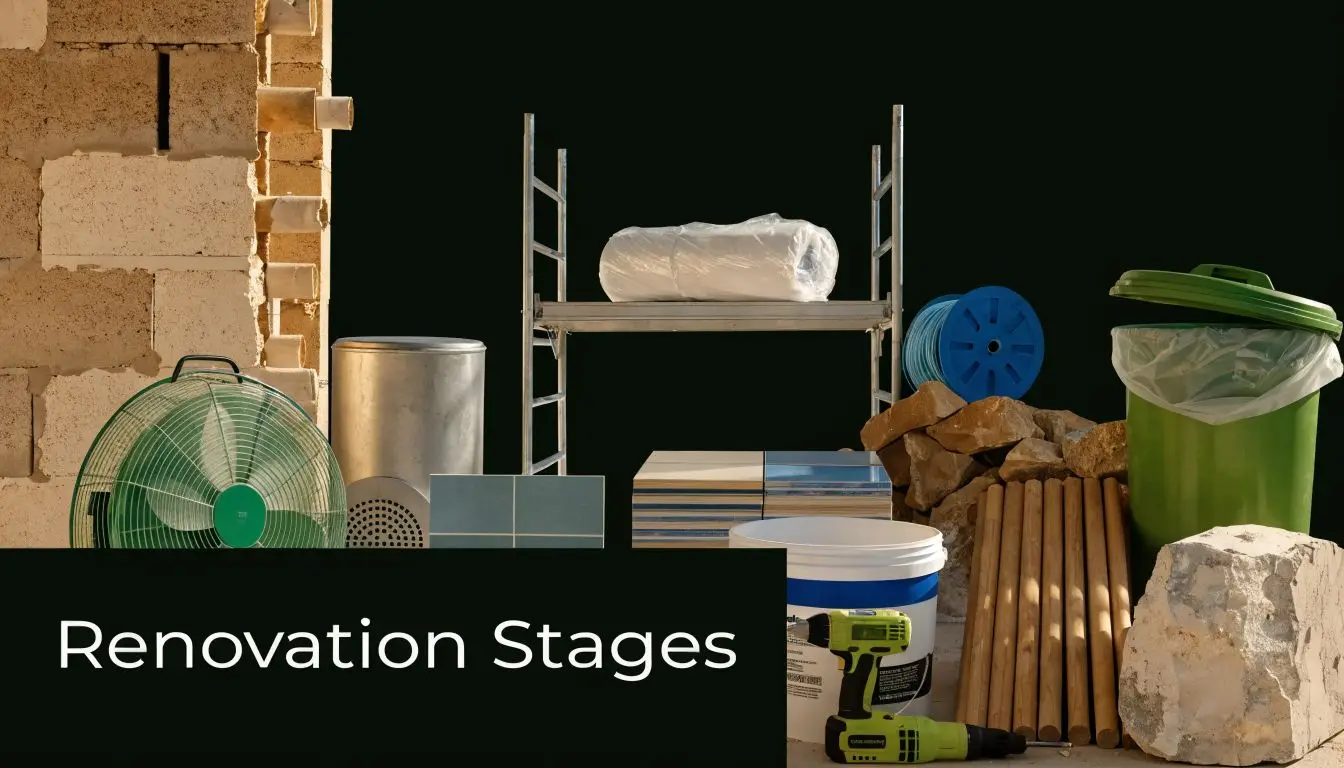 A construction site featuring renovation supplies like tiles, a drill, and scaffolding for bathroom remodel work.