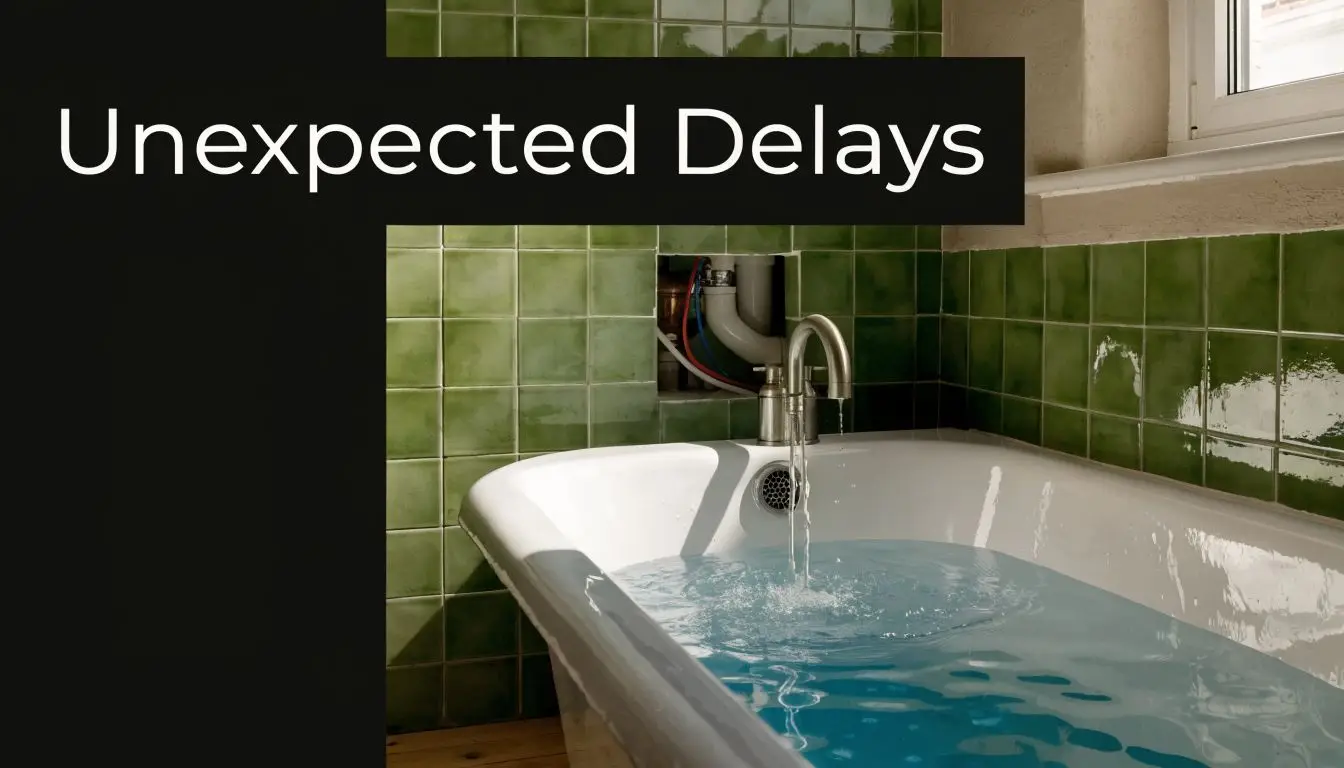 A half-finished bathroom renovation featuring green tiles and a bathtub filling with water during a delay.