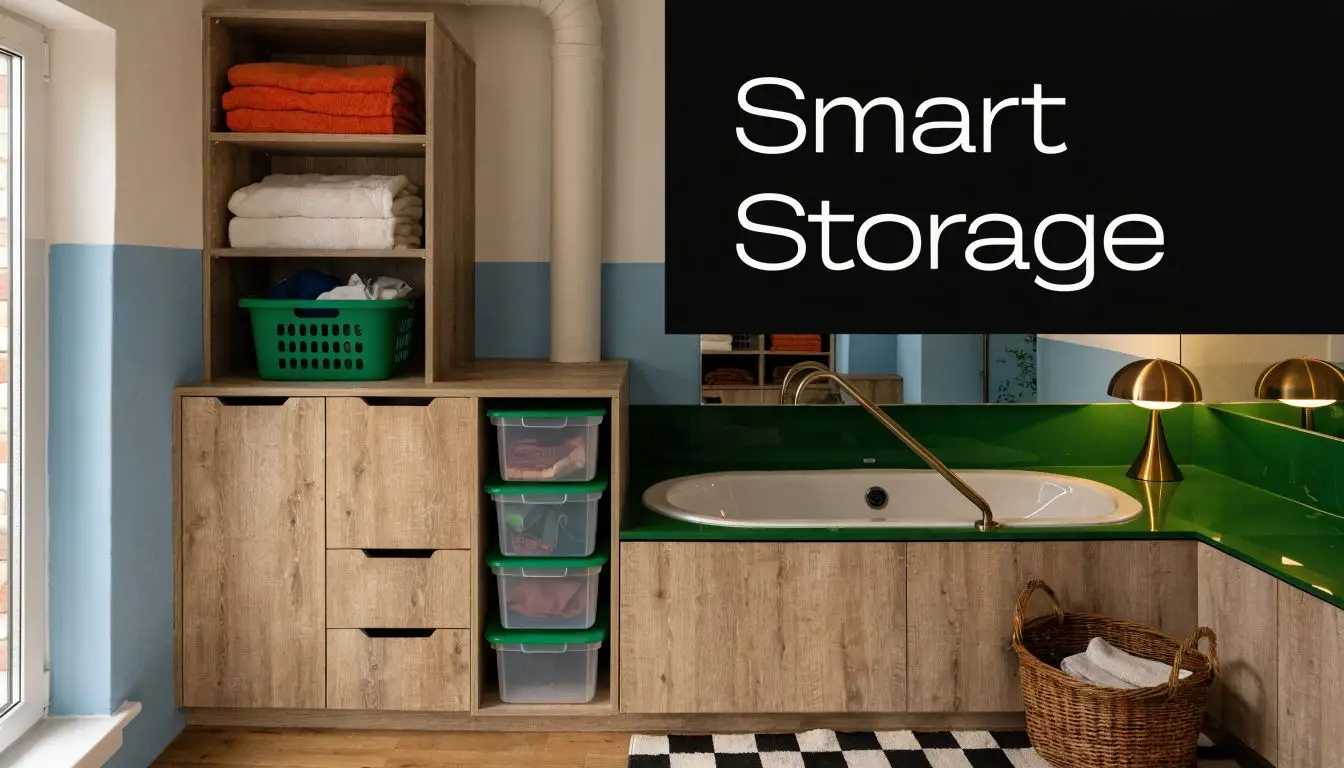 A modern bathroom featuring built-in wooden laundry storage cabinets, organized shelves, and a bathtub with green surfaces.