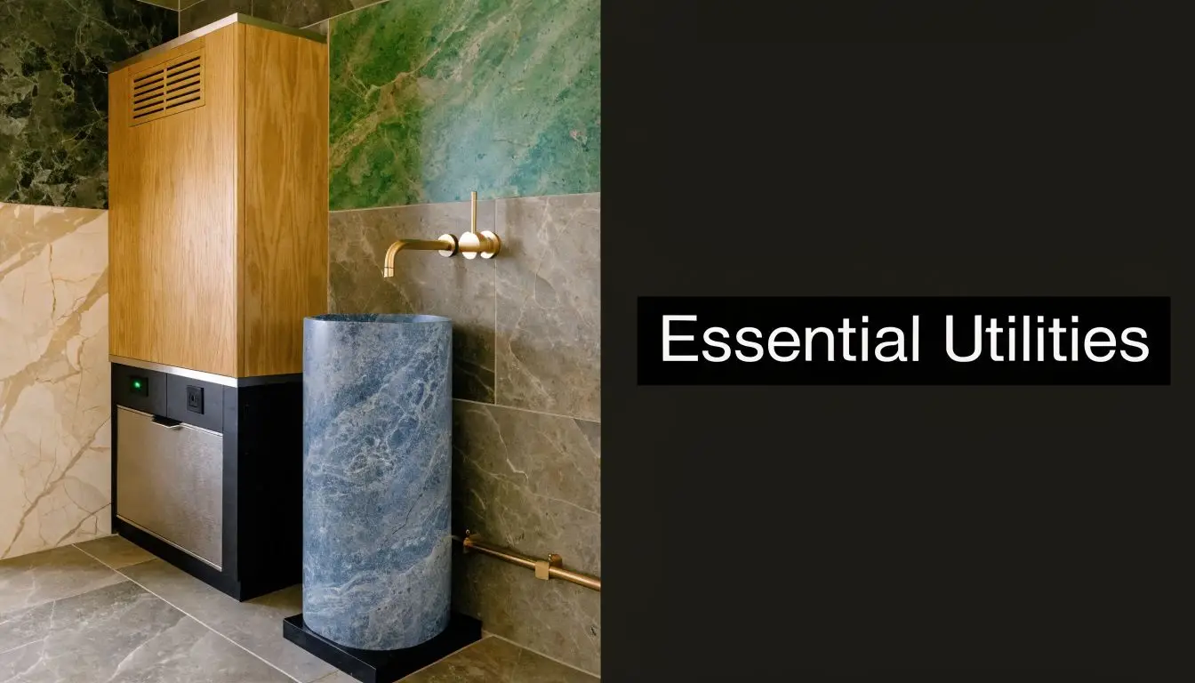 A modern laundry unit and blue marble pedestal sink in a luxurious, tiled bathroom interior.