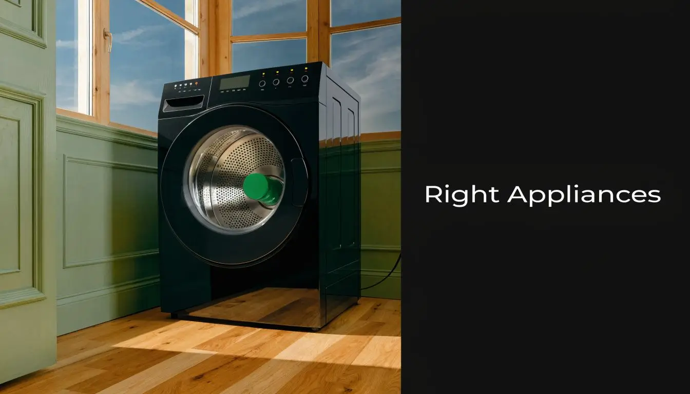 A modern black washing machine installed in a bright room with wooden floors and large windows.