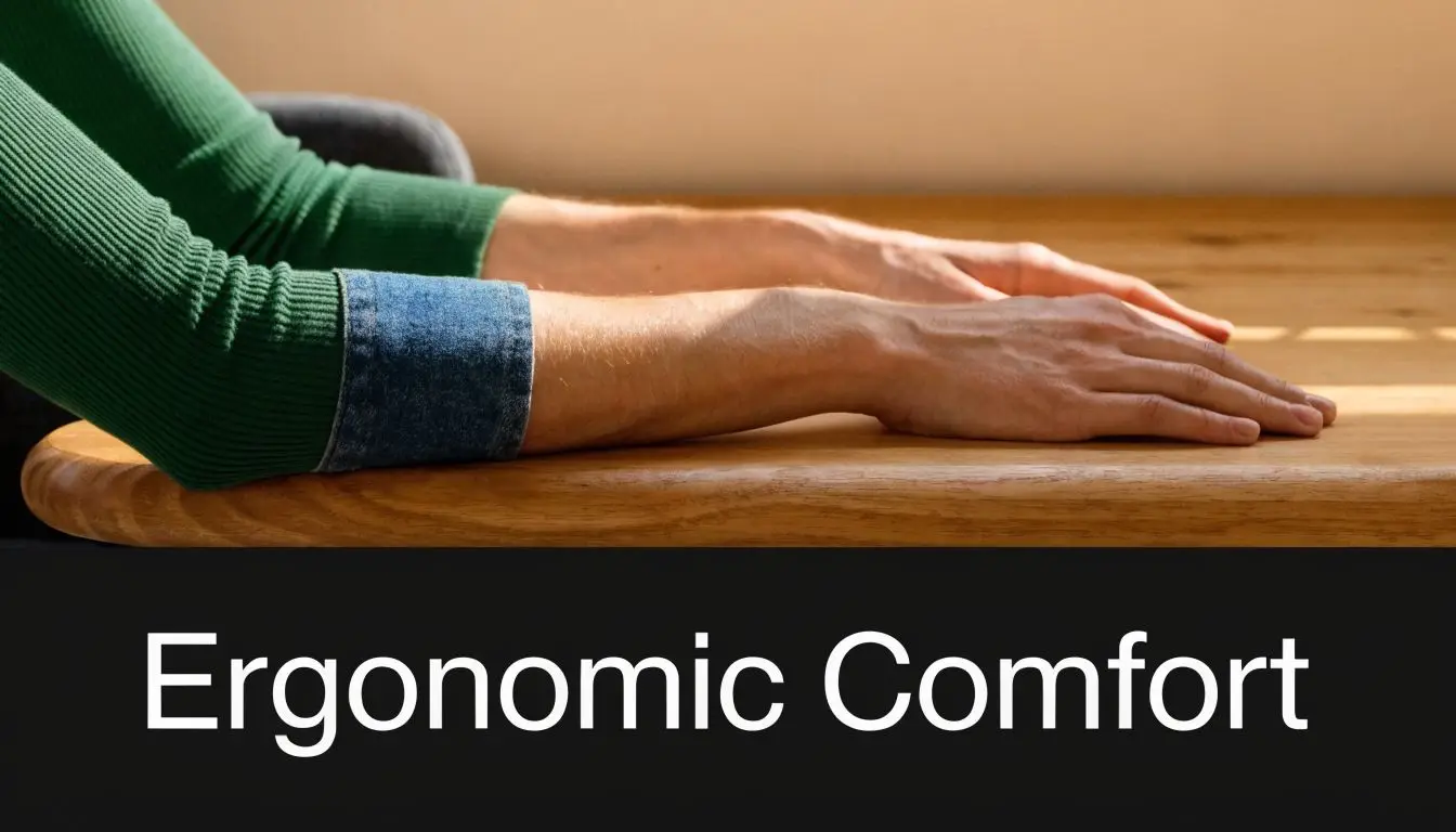 A close-up view of a person resting their arms comfortably on a smooth wooden tabletop surface.