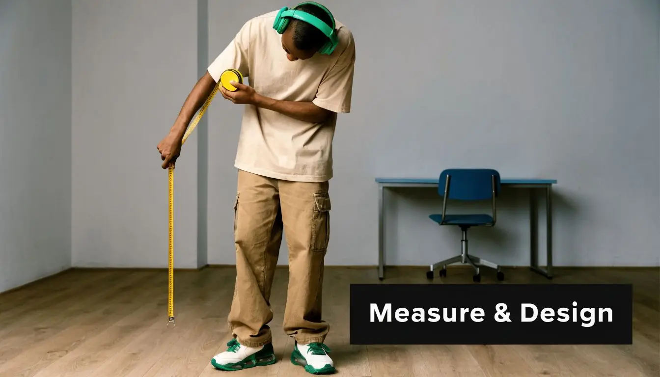 A person wearing headphones holding a tape measure while planning a home improvement or design project.