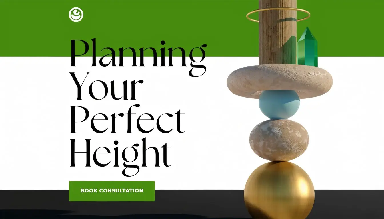 A minimalist graphic with the text Planning Your Perfect Height above a green Book Consultation button.