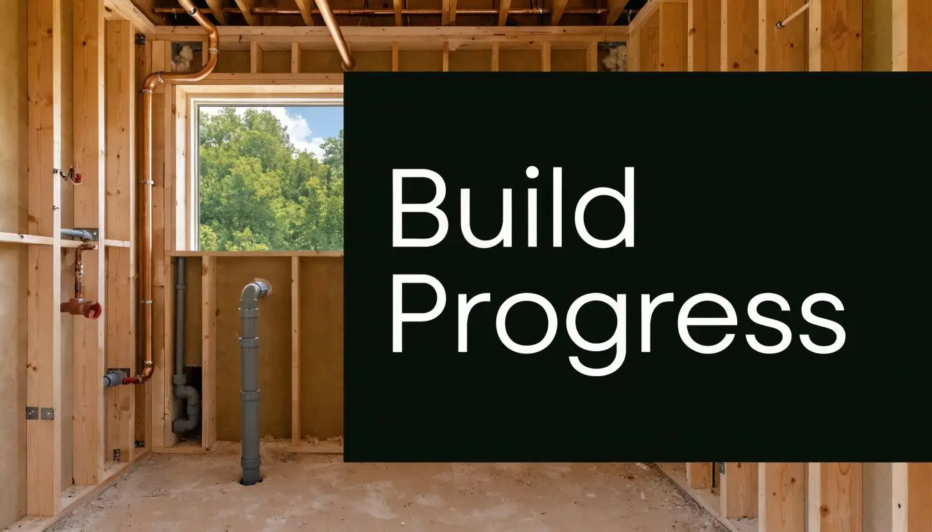 An unfinished room under construction showing exposed wooden wall studs and newly installed copper and PVC plumbing pipes.