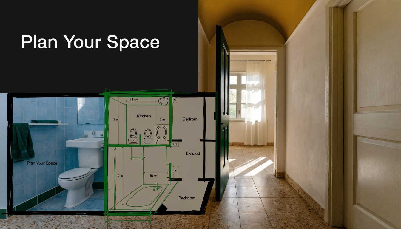 A conceptual floor plan overlaying a bathroom layout onto a hallway and doorway interior design perspective.