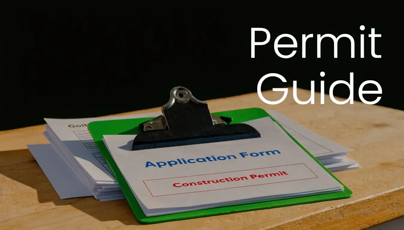 A clipboard with a construction permit application form sits on a wooden desk with papers.