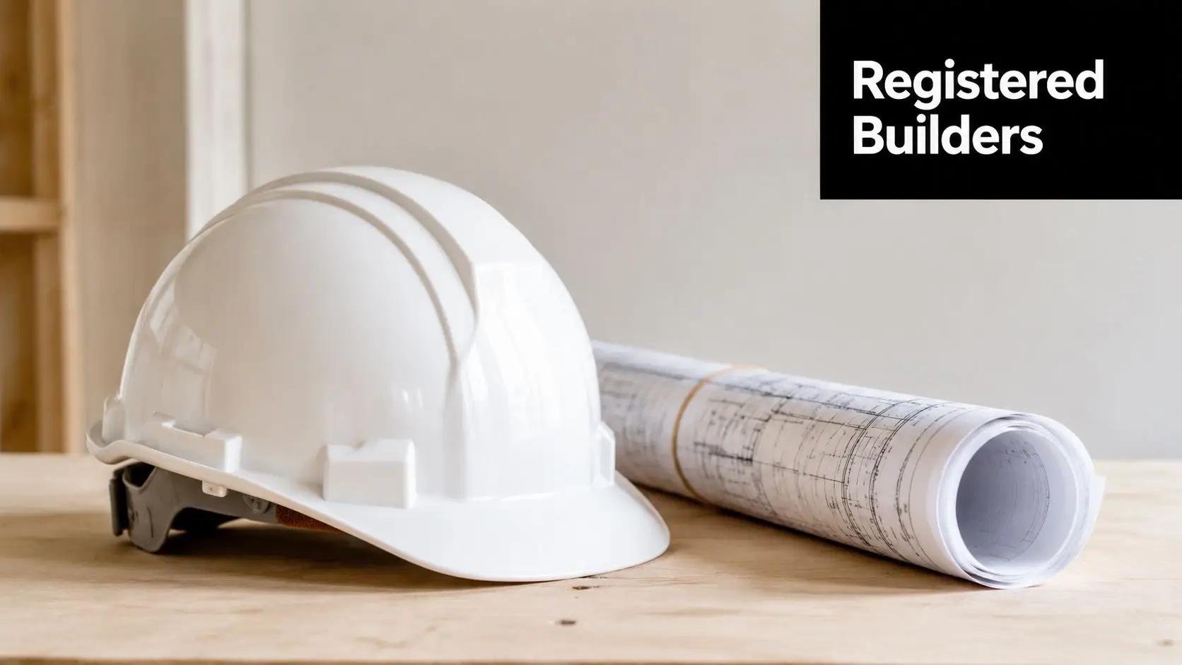 A white hard hat and rolled architectural blueprints sit on a wooden table for construction projects.