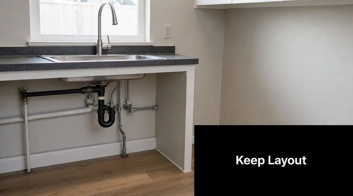 A modern kitchen sink installation showing exposed plumbing pipes underneath a countertop in front of a window.