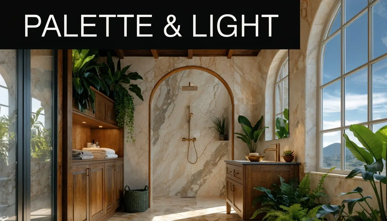 A luxurious bathroom featuring natural marble walls, wooden cabinetry, indoor plants, and a large arched window.