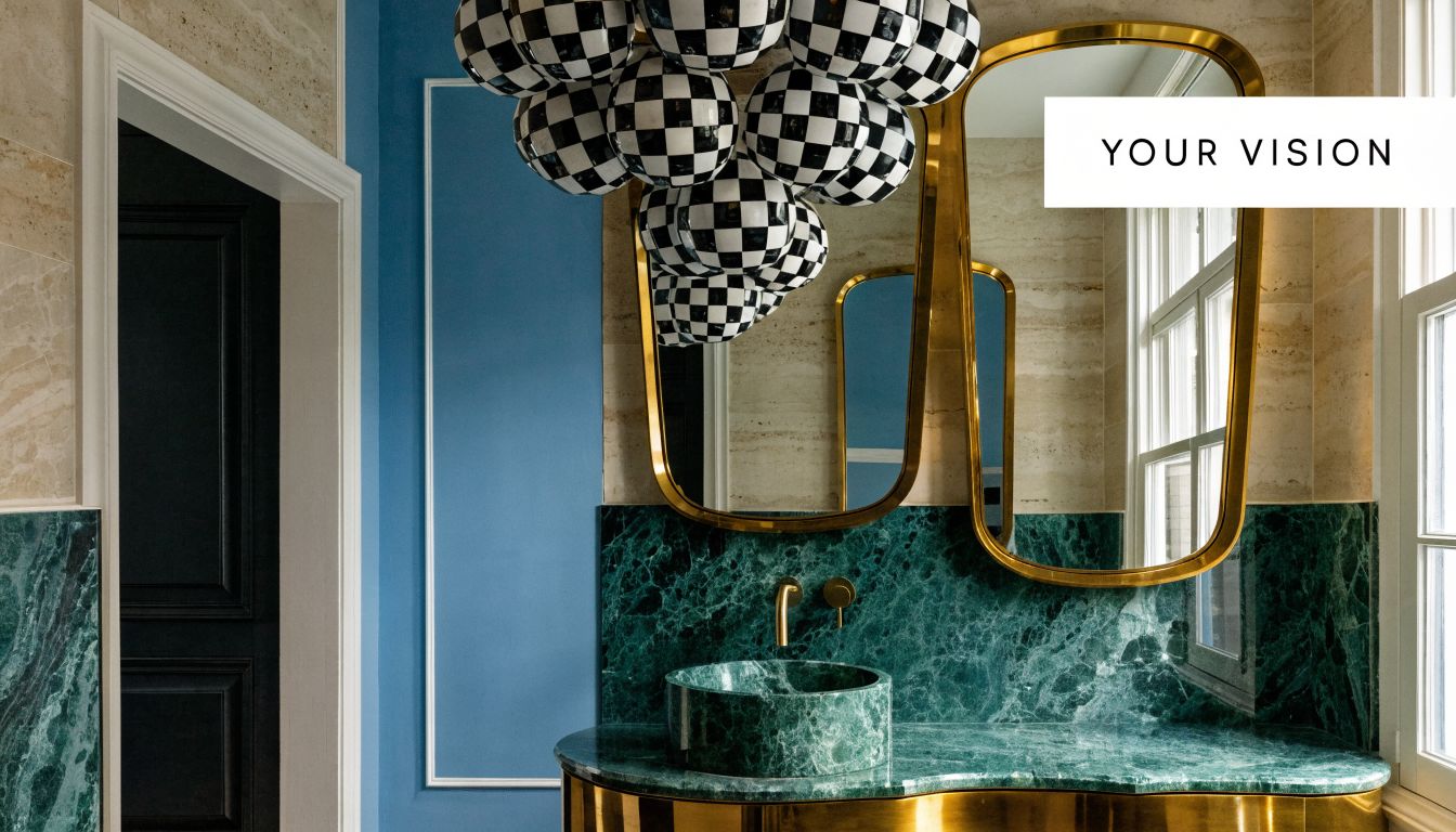 A luxurious modern bathroom featuring vibrant green marble vanity, a gold frame mirror, and checkered sphere pendant light.