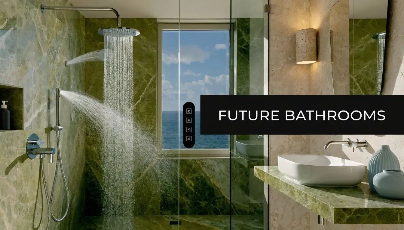 A luxurious modern bathroom featuring marble walls, a rainfall shower, and a scenic ocean view through window.
