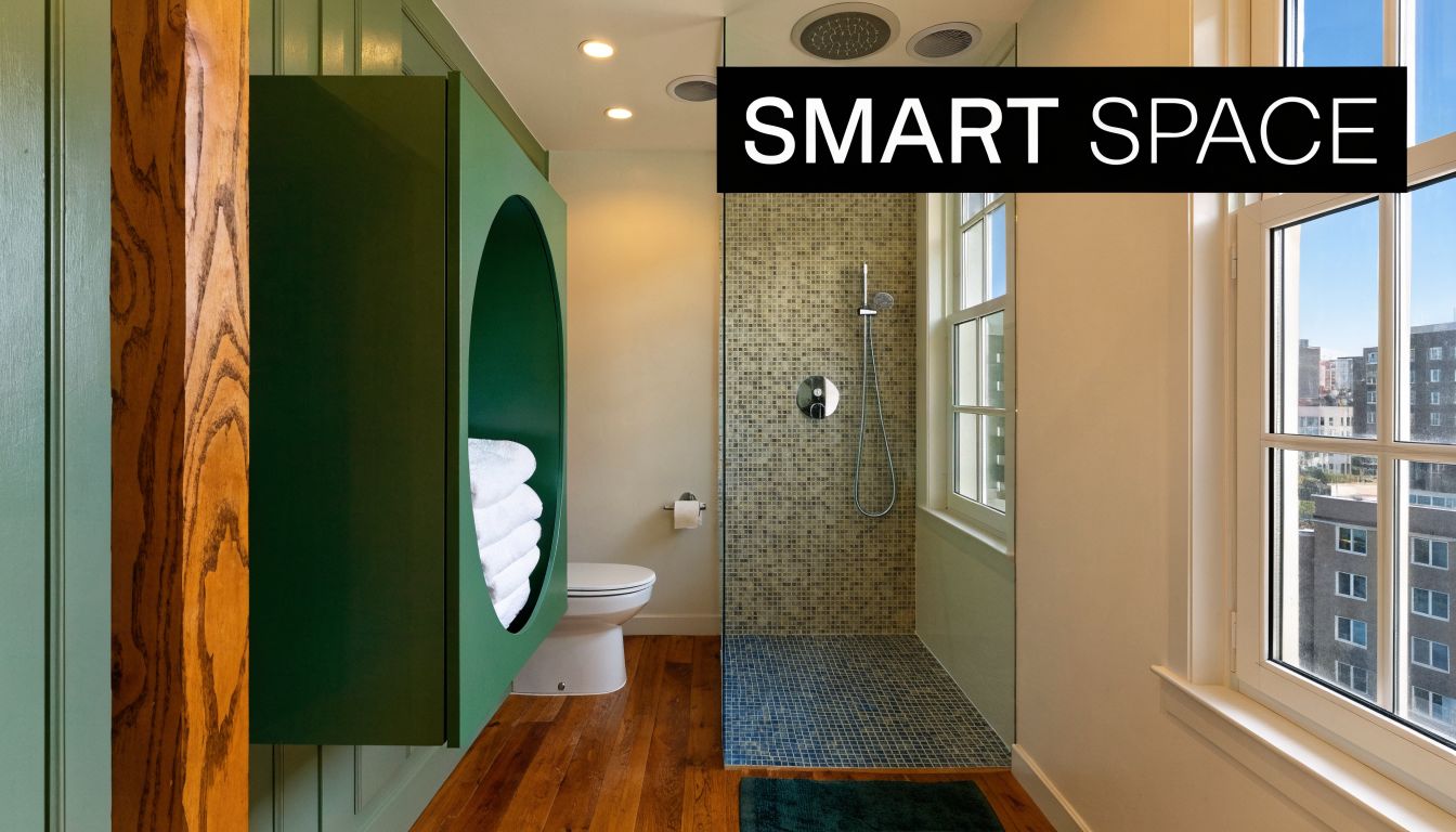A modern, stylish bathroom in Australia featuring a unique green storage unit, wood flooring, and a glass-enclosed shower.