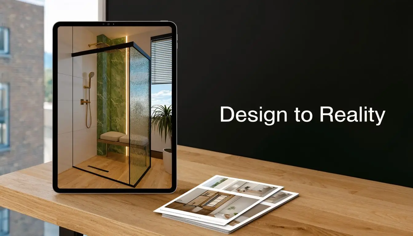 A modern tablet displaying a luxurious bathroom design, placed on a wooden desk with printed brochures.