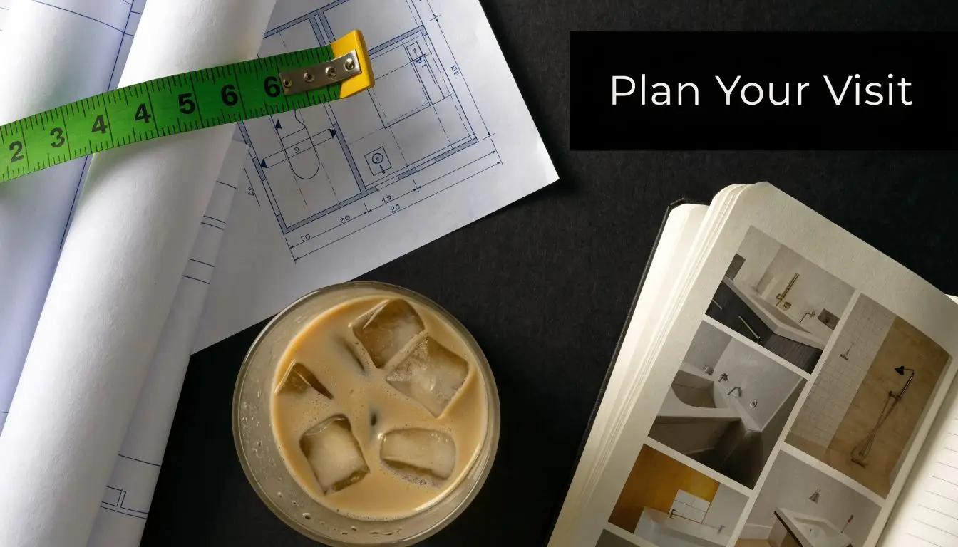 A professional desk setup featuring architectural blueprints, a measuring tape, iced coffee, and a bathroom design brochure.