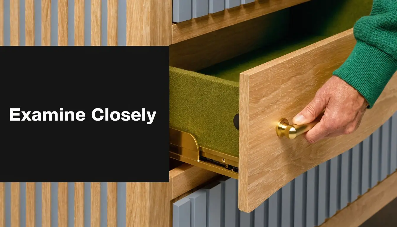 A close-up view of a person opening a modern wooden drawer featuring a sleek gold handle.