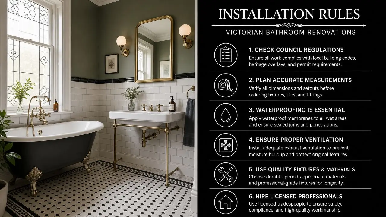 A luxurious victorian style bathroom interior displayed next to six essential installation rules for renovation projects.