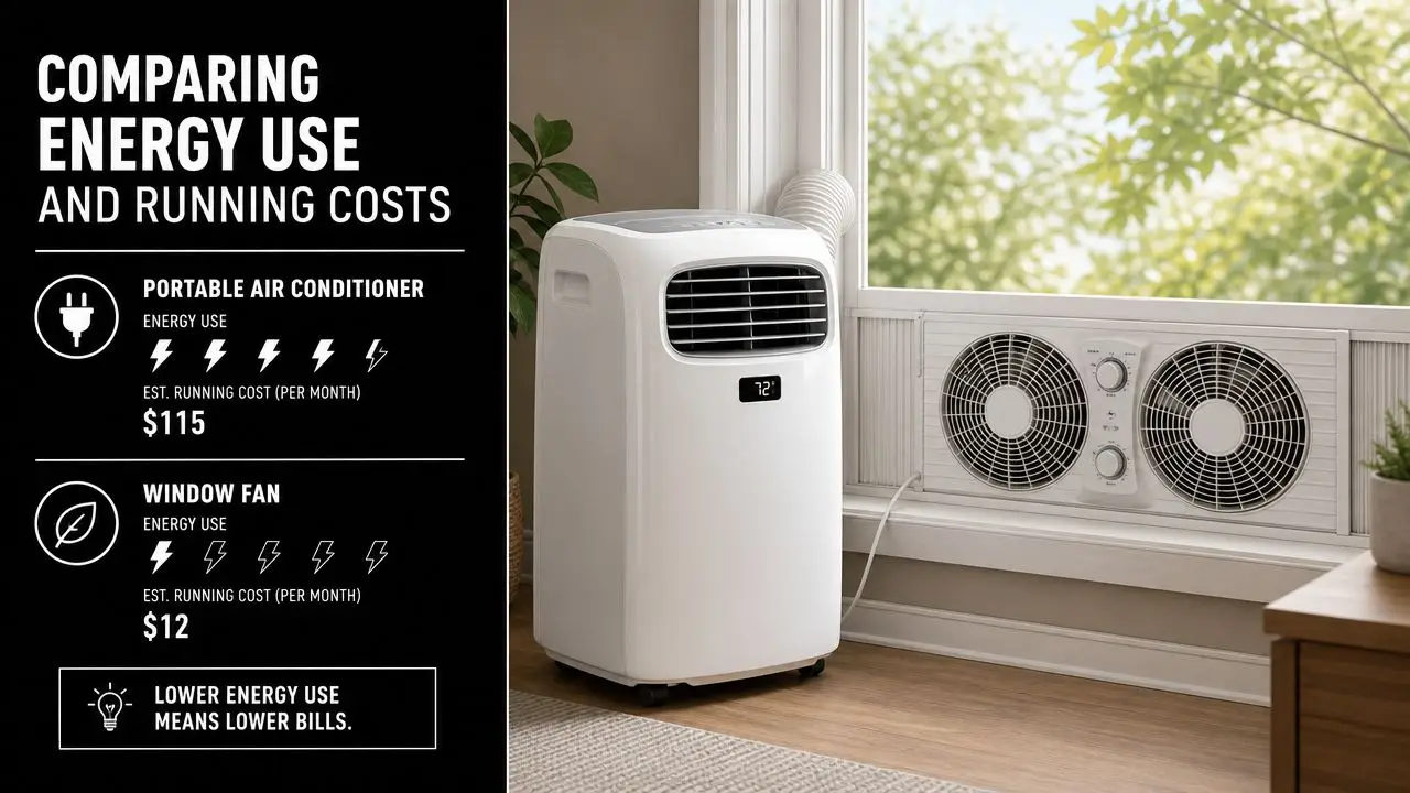 A comparison chart showing energy consumption and monthly costs for a portable air conditioner versus a window fan.