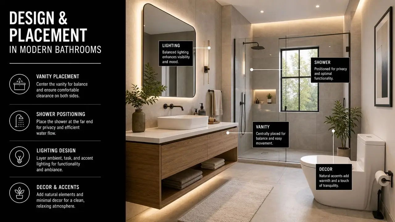 A modern, minimalist bathroom design featuring a floating wooden vanity, walk-in glass shower, and elegant ambient lighting.