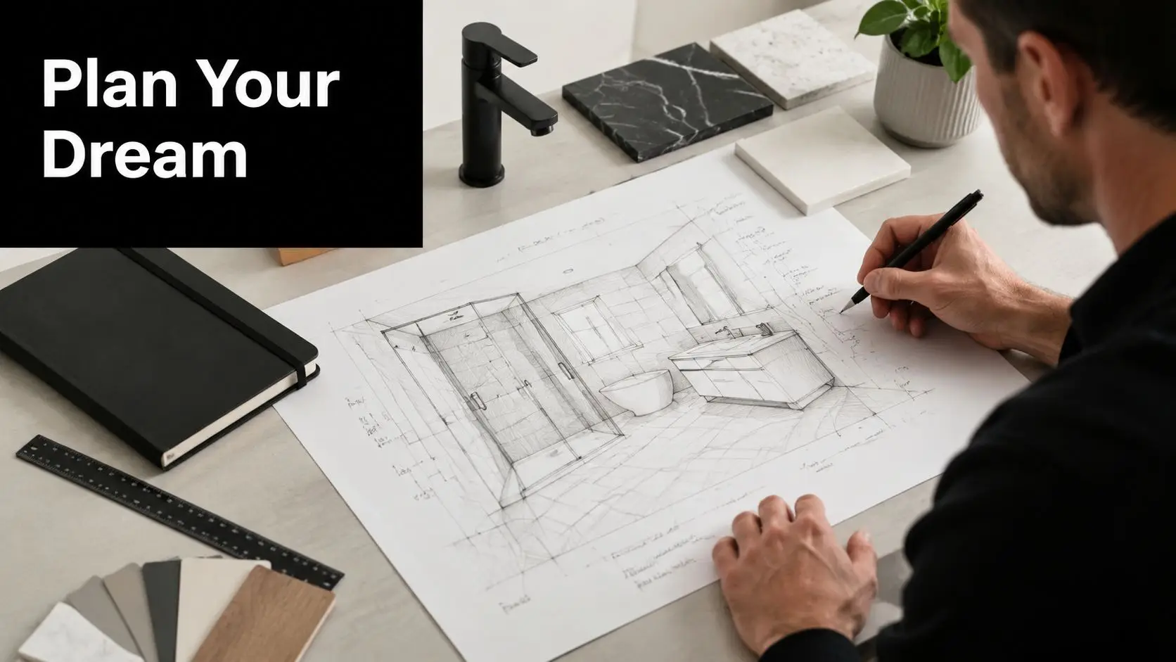 A professional interior designer sketching a modern bathroom layout plan on paper at a desk.