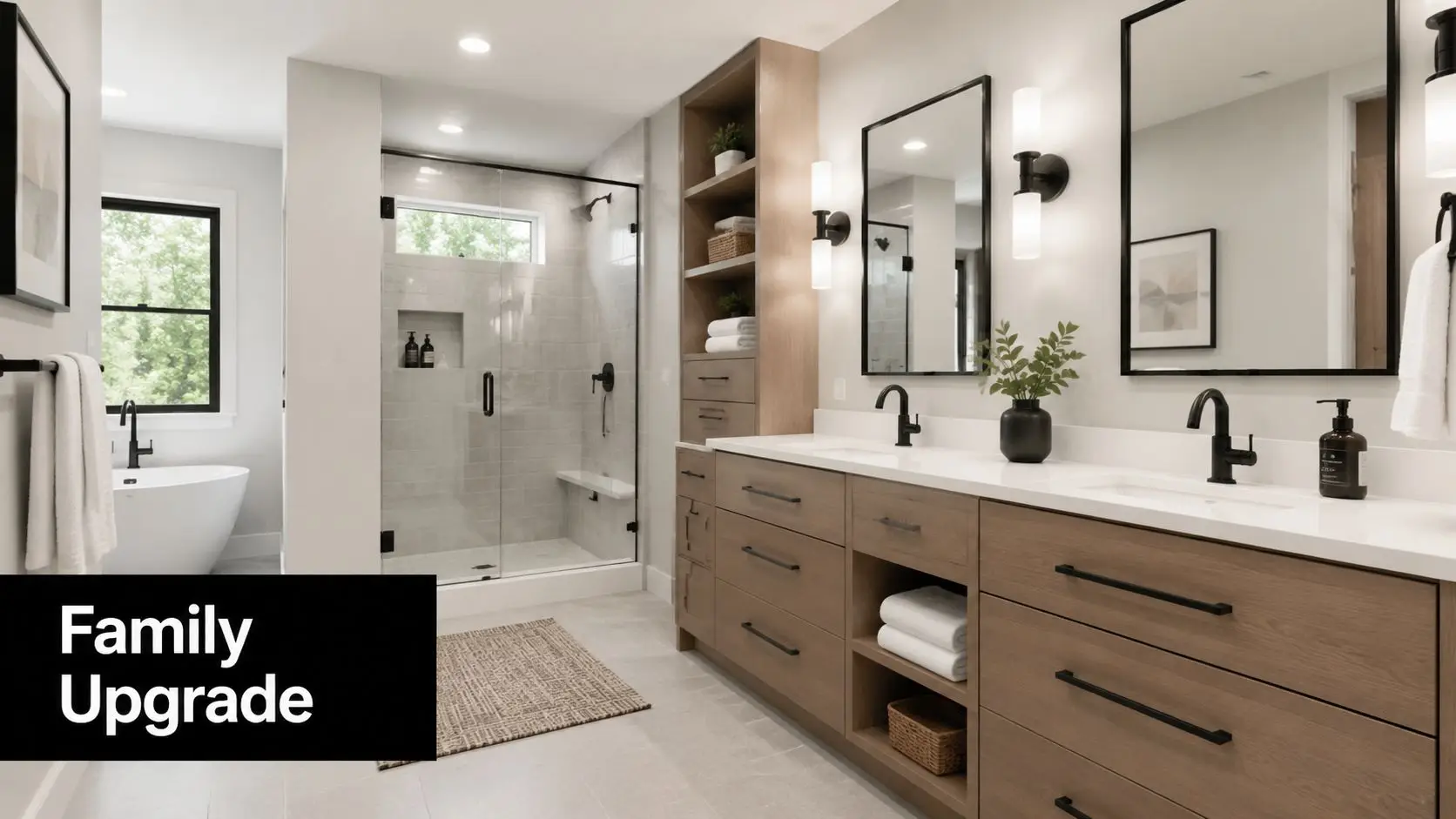 A modern bathroom renovation featuring a double vanity, a glass walk-in shower, and a soaking tub.
