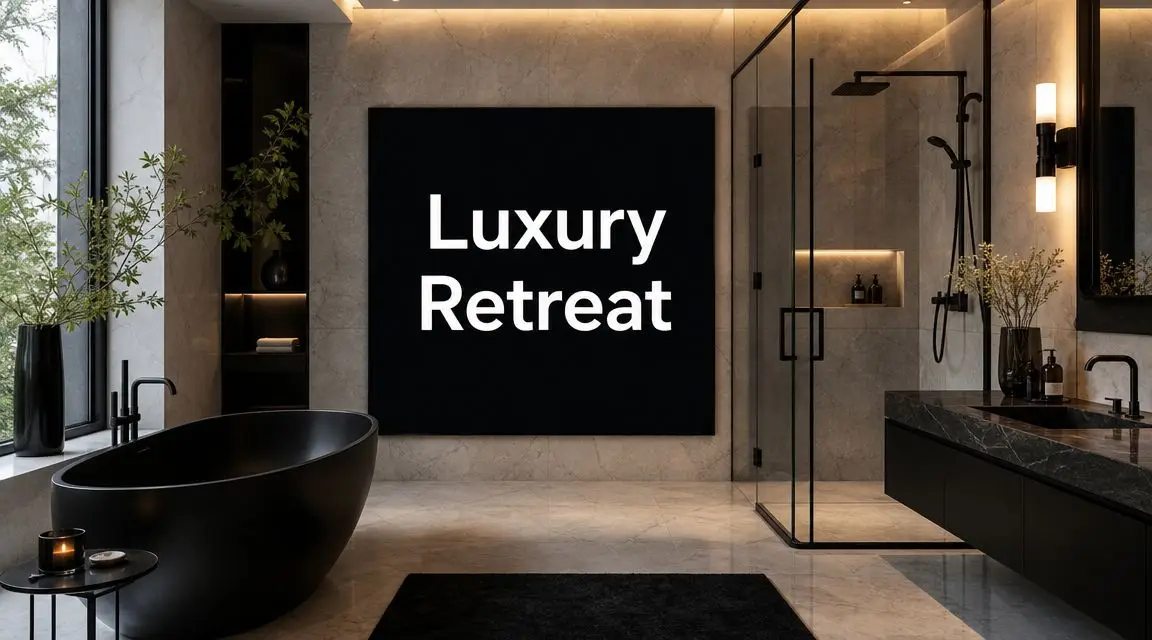 A luxurious modern bathroom featuring a black freestanding bathtub and elegant marble wall tiles.