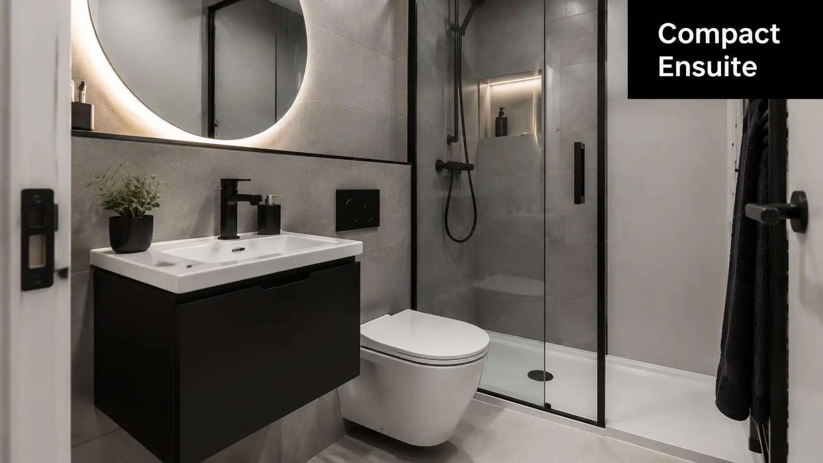 A modern, compact ensuite bathroom featuring grey stone tiles, a wall-mounted vanity, and a glass shower enclosure.