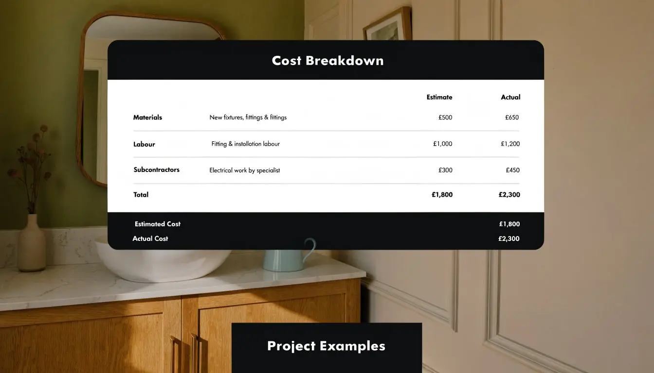 A table detailing the estimated and actual costs for a bathroom renovation project including materials, labour, and subcontractors.