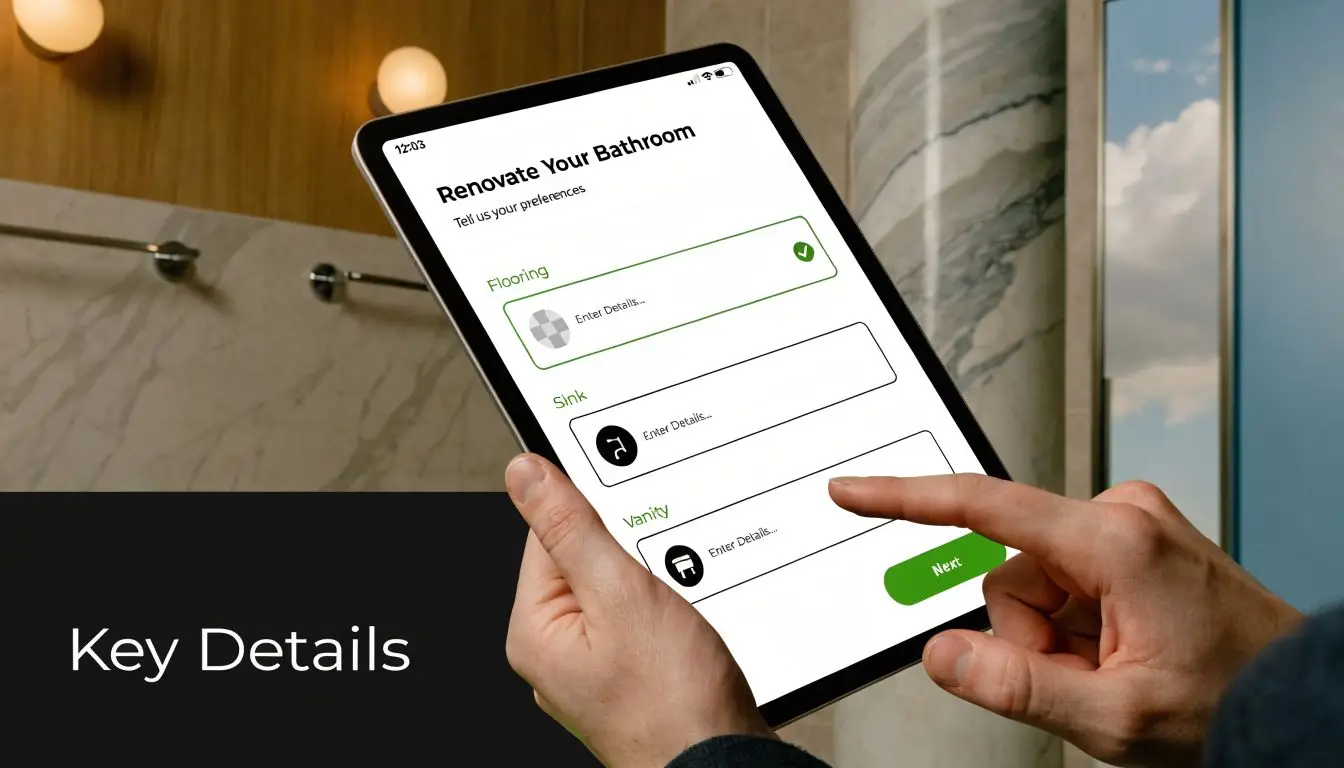A person uses a tablet to input renovation preferences into a digital bathroom design calculator app.