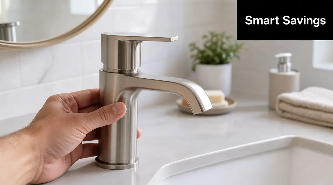 A hand touching a modern brushed nickel bathroom faucet on a white marble countertop near a sink.