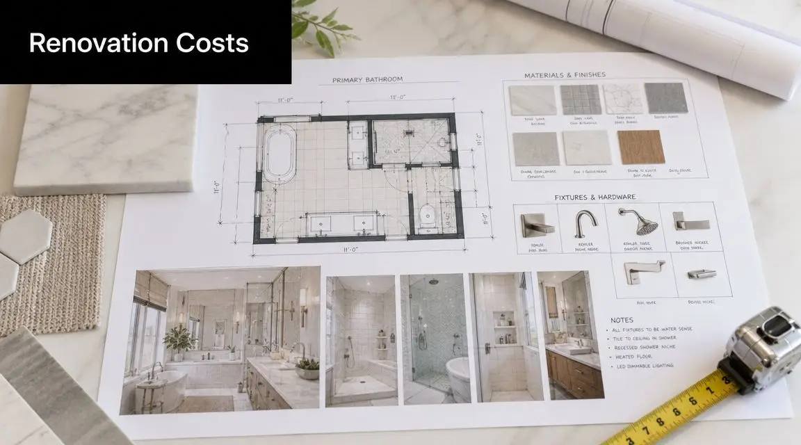 A conceptual design plan for a luxury bathroom renovation displayed on a desk with material samples.