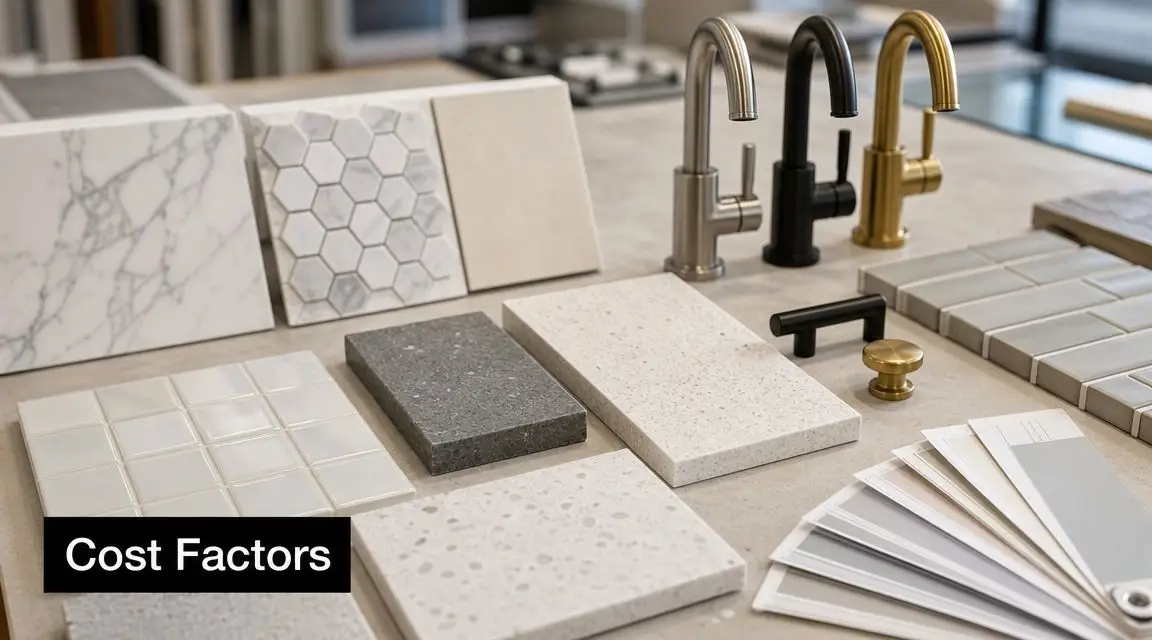 An assortment of interior design materials including marble, tile samples, and faucets displayed on a countertop.