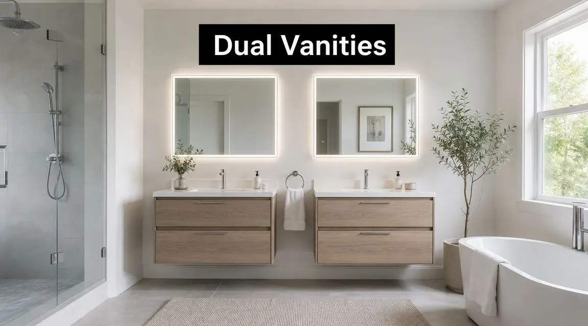 A modern bathroom featuring sleek dual floating vanities, illuminated mirrors, a glass walk-in shower, and a freestanding tub.