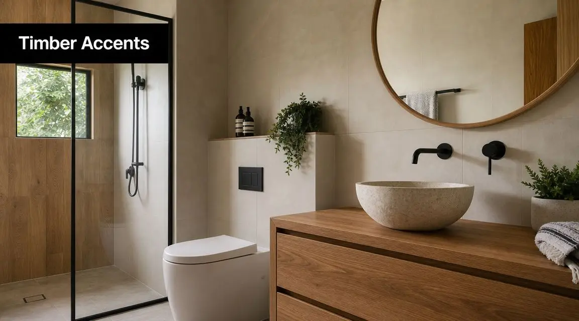 A modern bathroom featuring a timber vanity, a stone vessel sink, and a walk-in glass shower.