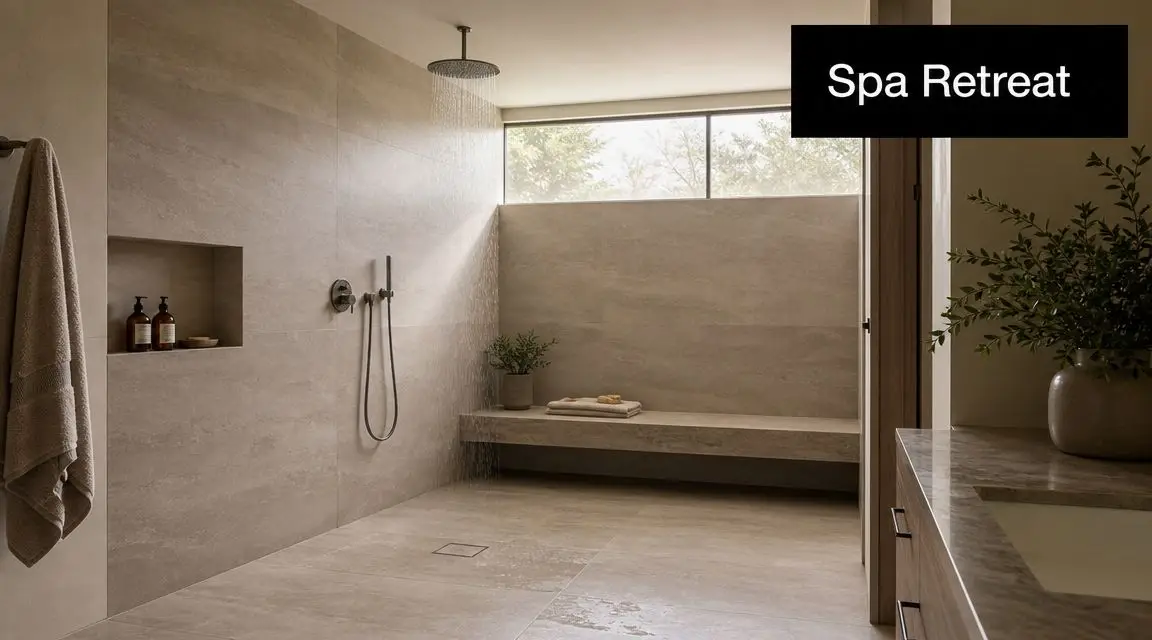 A luxurious modern walk-in shower with stone walls, a bench, and a rainfall showerhead in a spa-like bathroom.