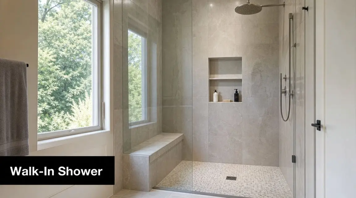 A modern walk-in shower with a marble bench, glass partition, and pebble stone floor in a bathroom.