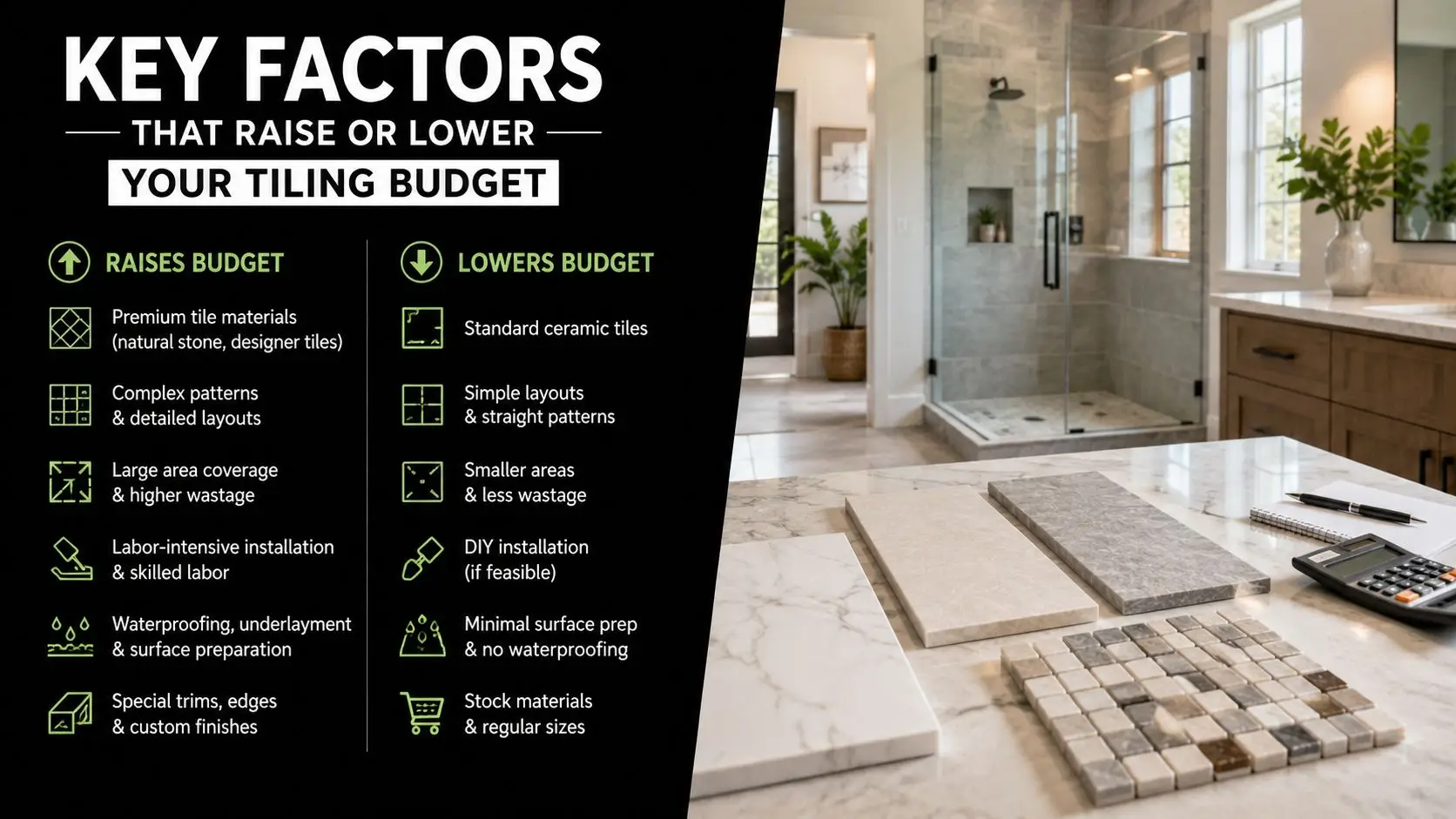 An infographic listing key factors that raise or lower the overall budget for professional bathroom tiling projects.