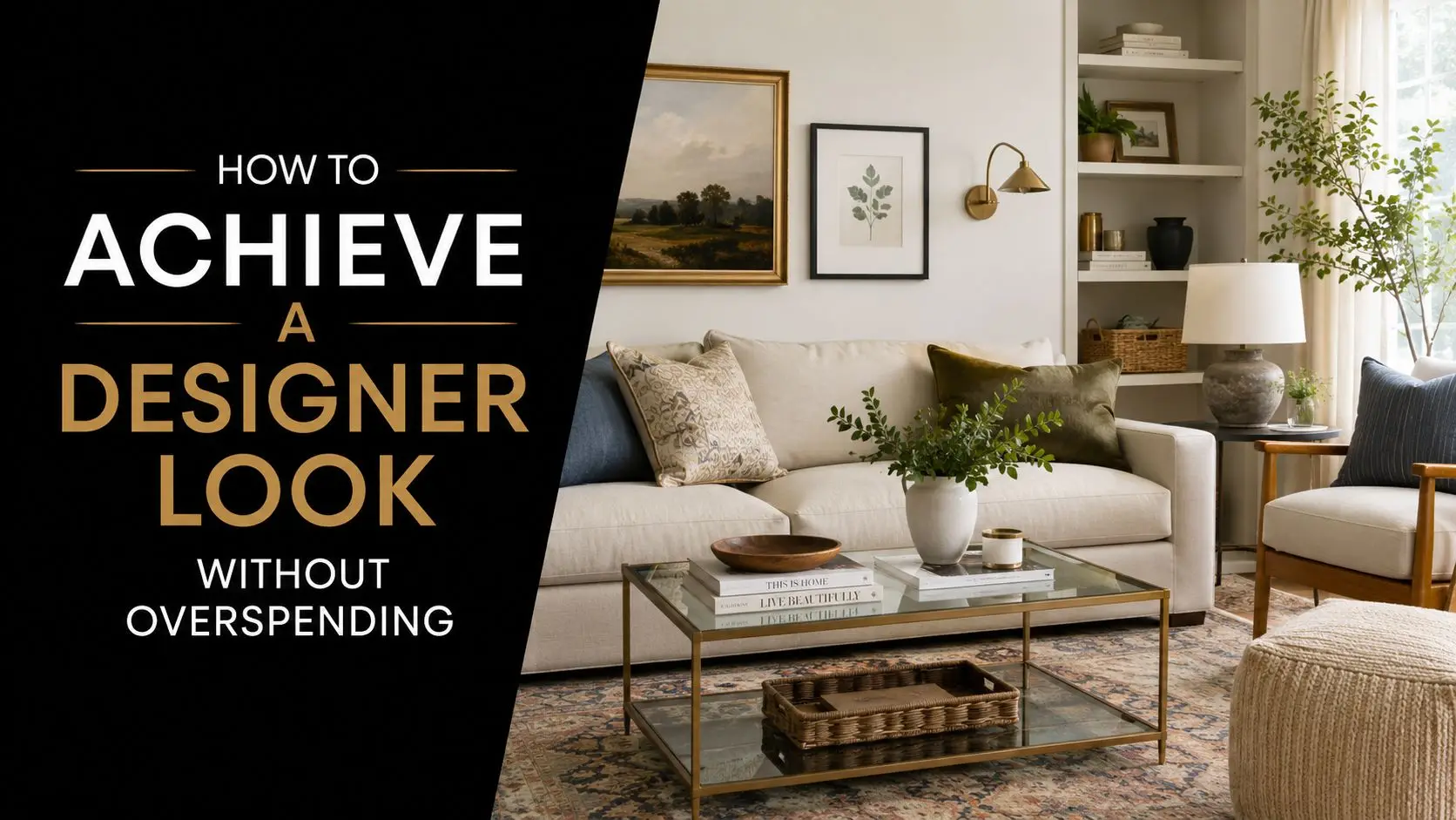 A stylishly decorated living room featuring a sofa, coffee table, and bookshelves, demonstrating budget-friendly interior design tips.